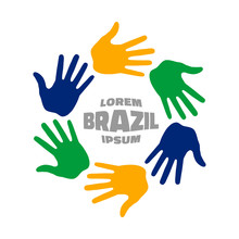 Colorful Six Hand Print Logo Using Brazil Flag Colors. Vector Illustration.