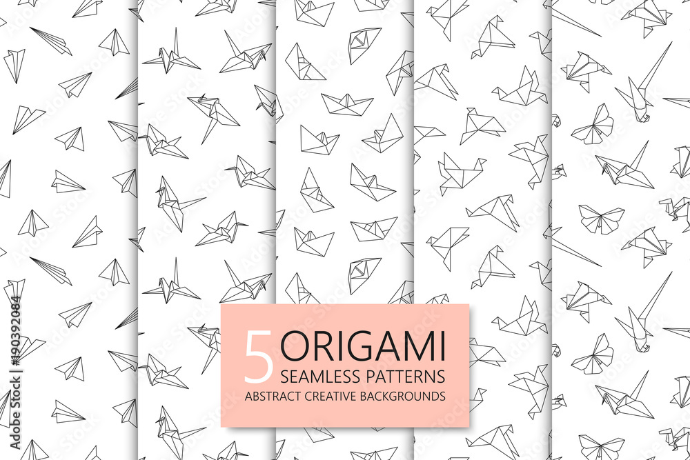 Collection of seamless origami patterns. Abstract creative backgrounds - obrazy, fototapety, plakaty 