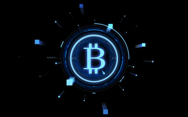 Wall Mural - blue bitcoin projection over black background