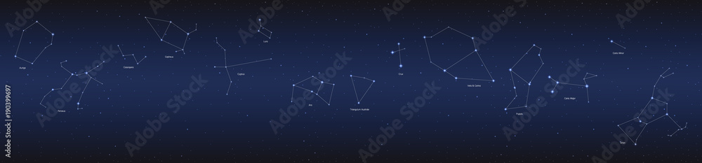 constellation in cosmos panorama background, group of star in galaxy, astronomy set, vector illustration - obrazy, fototapety, plakaty 