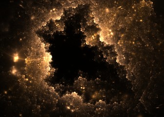 abstract golden fractal clouds hole with lens flare on black background. fractal art