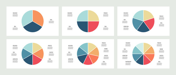 Sticker - Business infographics. Pie charts with 3, 4, 5, 6, 7, 8 sections. Vector templates.