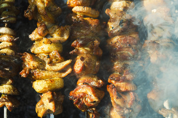 Canvas Print - Street fast food festival, beef and chicken kebab at grill