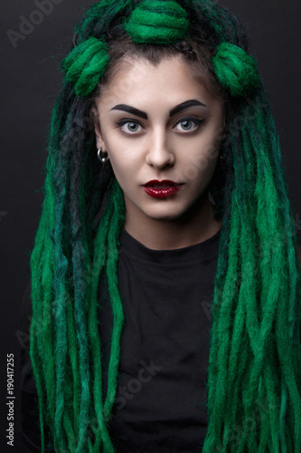 Pretty Girl With Green Long Dreadlocks Black Background