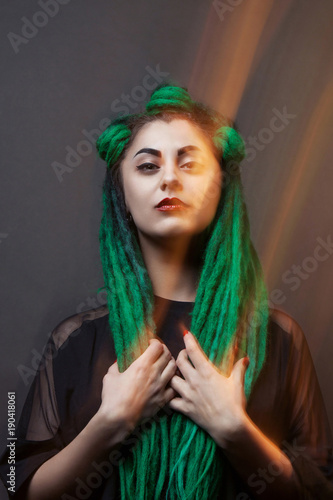 Pretty Girl With Green Long Dreadlocks Black Background