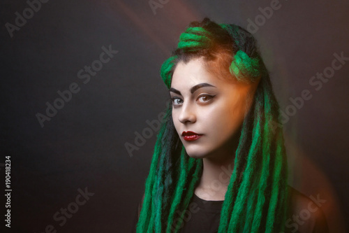 Pretty Girl With Green Long Dreadlocks Black Background