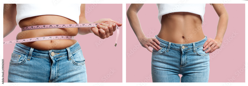 Woman's body before and after weight loss on pastel pink background - obrazy, fototapety, plakaty 