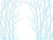 Colorful hand drawn abstract view of blue and white trees without leaves on white background, isolated cartoon illustration of winter forest painted by watercolor and pencil paper chalk, high quality