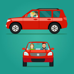 Red car two angle set. Car with couple side view and front view. Vector flat style illustration.