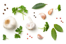 Garlic, Bay Leaves, Parsley, Allspice And Pepper Isolated On White Background
