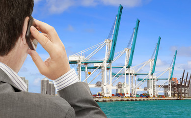 Aufkleber - Businessman use smart phone for logistic business, in the background container terminal with cranes
