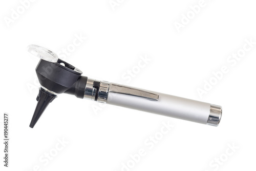 Cuadros en Lienzo Medical Equipment Otoscope From Side, Isolated on White Background, Focus stacking