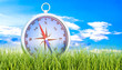Magnetic compass in green grass, 3d rendering