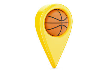 Map pointer with basketball ball, location concept. 3D rendering