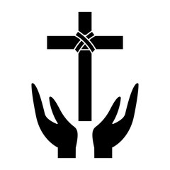 cross and hands christian catholic paraphernalia  icon image vector illustration design  black and white