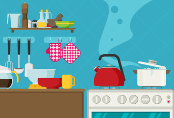 Interior of kitchen, pans on the stove, cooking. Vector illustration in flat style