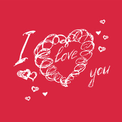Wall Mural - Hand drawn doodle heart, valentines day, red white color vector illustration. Love wallpaper. Abstract design, romantic holiday decoration