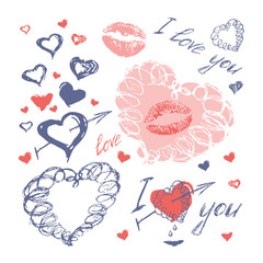 Wall Mural - Hand drawn doodle hearts, arrows and lips on white background, happy valentines day, vector illustration. Abstract love design, romantic holiday decoration