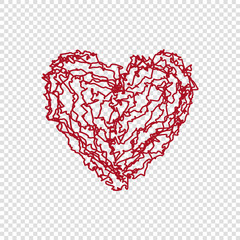 Wall Mural - Hand drawn doodle heart on transparent background, happy valentines day, red vector illustration. Cute love wallpaper. Abstract design, romantic holiday decoration