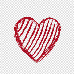 Wall Mural - Hand drawn doodle heart with lines on transparent background, happy valentines day, red vector illustration. Abstract design, romantic holiday decoration