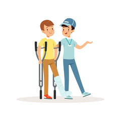 Poster - Cheerful volunteer helping boy with crutches. Leg in plaster. Social help. Activist in blue cap, t-shirt and jeans. Cartoon teenagers character. Flat vector design