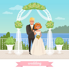 Poster - Bride and groom standing under floral arch. Wedding day. Couple in love. Woman in white dress, man in classic suit. Sea, blue sky and nature on background. Flat vector