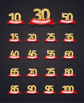 set of isolated event numbers with red ribbons on dark background vector illustration. collection of