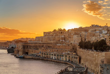 Sunset View Of Beautiful City Of Valletta, Capital City Of Malta, Known In Maltese As Il-Belt, Scenic And Colourful Cityscape.