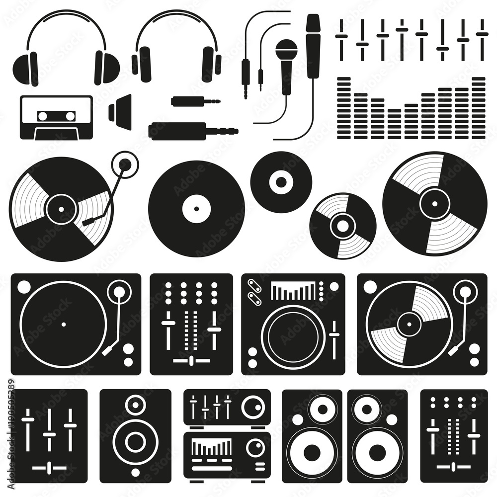 Vector Music icon set on white background. Icons of Dj staff and any ...