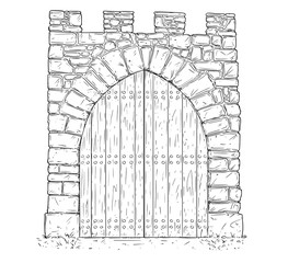 Poster - Cartoon vector doodle drawing illustration of medieval stone decision gate closed by wooden door .