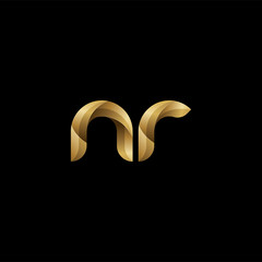 Initial lowercase letter nr, swirl curve rounded logo, elegant golden color on black background