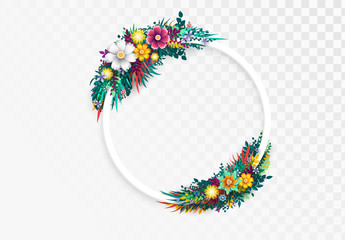 Flower round frame, isolated on transparent background. Floral colorful branches with buds. Template blooming flowers for wedding invitations and greeting card design.