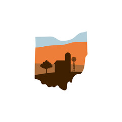 ohio state shape with farm at sunset w windmill, barn, and a tree
