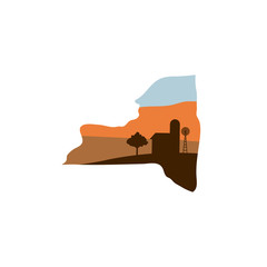 state shape with farm at sunset w windmill, barn, and a tree