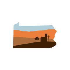 pennsylvania state shape with farm at sunset w windmill, barn, and a tree