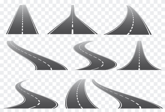 Set of nine vector roads wit white marks isolated on transparent background. Vector EPS 10.