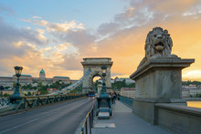 Szechenyi Chain Bridge With Lion Sculpture In Budapest