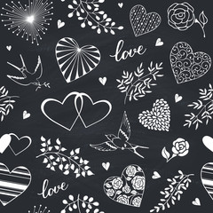 vector seamless background with swallows, doodle hearts and hand drawn branches. valentines day deco
