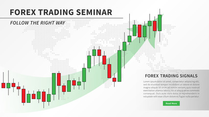 Forex trading seminar with candlestick chart vector illustration. Financial market candlestick graph with green arrow graphic design. Financial education for stockbrokers creative concept.