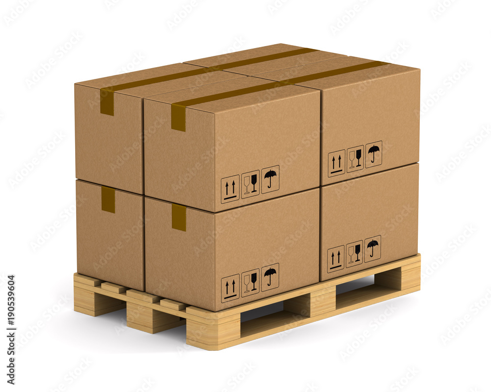 wooden pallet with cargo box on white background. Isolated 3D illustration - obrazy, fototapety, plakaty 