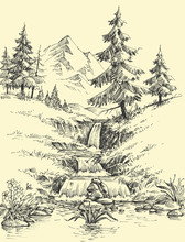 A Creek In The Mountains. Alpine Waterfall Landscape