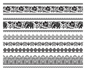Set of seamless black ornate borders with pattern brushes. Ethic Southeast Asia style. 	