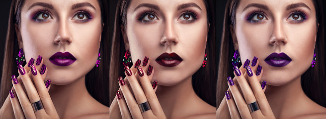 Canvas Print - Beautiful woman with different make-up and manicure wearing jewellery. Three variants of stylish looks