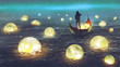 Leinwandbild Motiv night scenery of a man rowing a boat among many glowing moons floating on the sea, digital art style, illustration painting