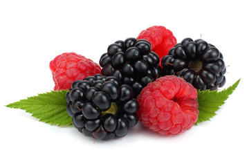 blackberries with raspberries and green leaf isolated on white background. macro