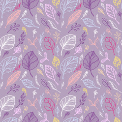 Seamless pattern from Hand draw structure of  leaves colorful on lilac in line art for design flyer banner or for decoration package of  tea or cosmetic or  perfume or for design of botanical theme