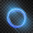 Vector blue neon light effect, circle frame with hazy flare. Magical glowing tail of shining stardust sparkles, winter illumination. Glistening energy ring flow in motion. Luxurious winter design.