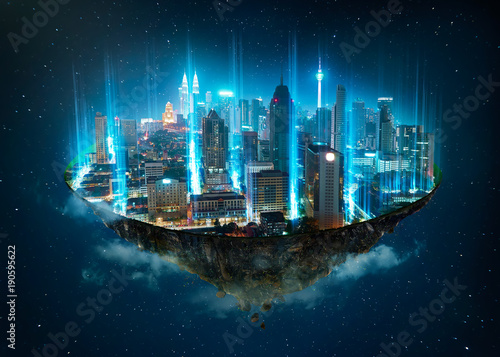 Fantasy island floating in the air with network light came out from the ground , Smart city and wireless network connection concept Poster