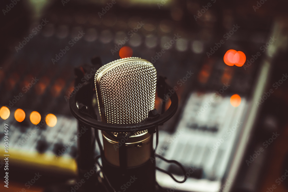 microphone and mixing console - obrazy, fototapety, plakaty 