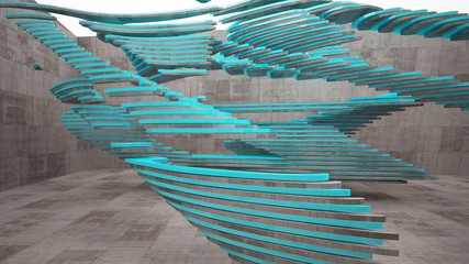  Abstract white and concrete interior  with glossy blue lines. 3D illustration and rendering.